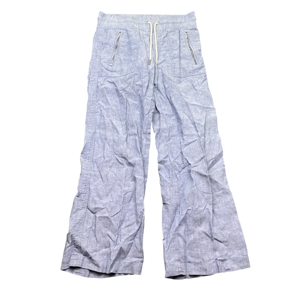 Athleta Cabo Linen Wide Leg Pant Blue Drawstring Zipper Pocket Size 2